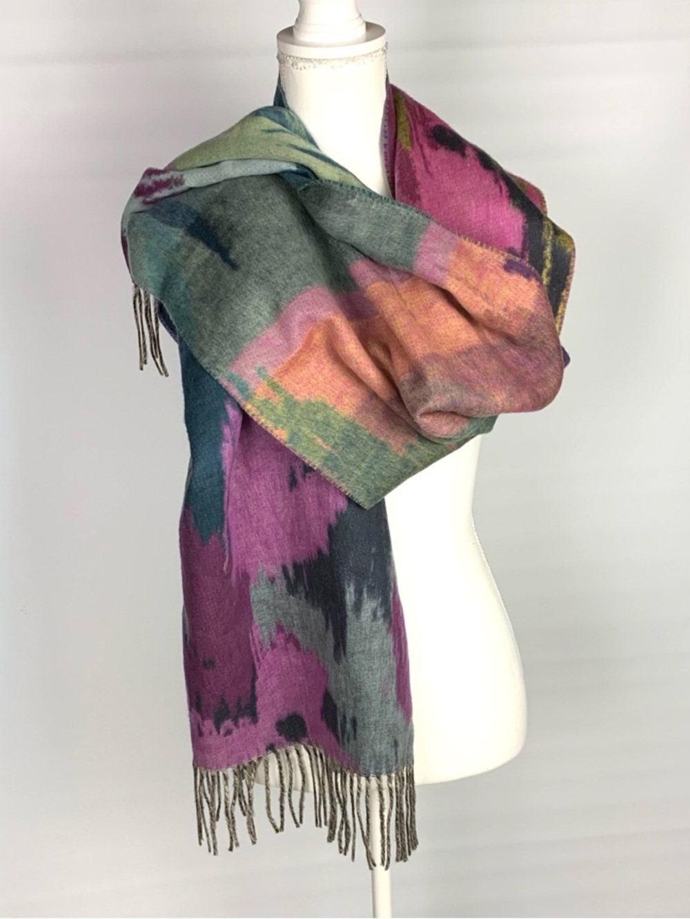 FRAAS NWT Cashmink Scarf Fringed Colorful Watercolor 17” x 80” Made In Germany